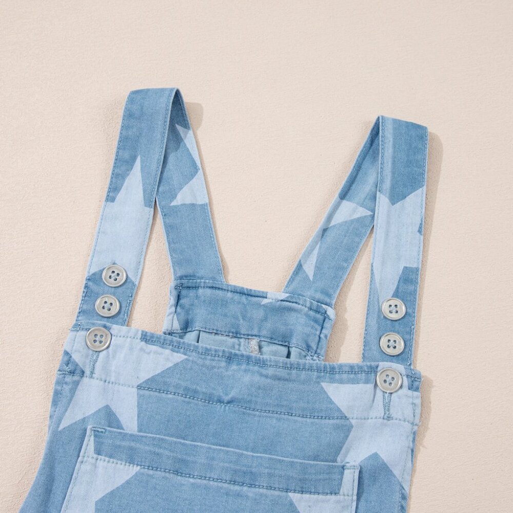 B244 Light Blue Star Printed Buttoned Straps Pocketed Denim Romper - Picture 9 of 14